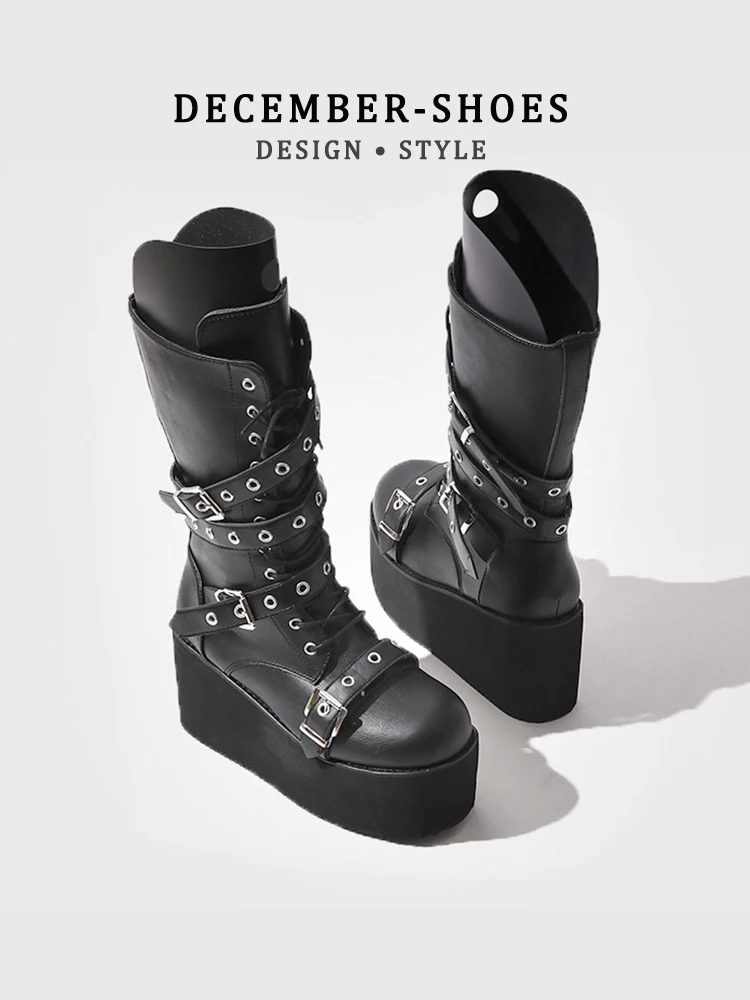 

Мотоциклетные рыцарские ботинки в стиле панк, женские готические ботинки для косплея Y2K до середины икры с цепочкой и крестообразной повязкой, металлические детали