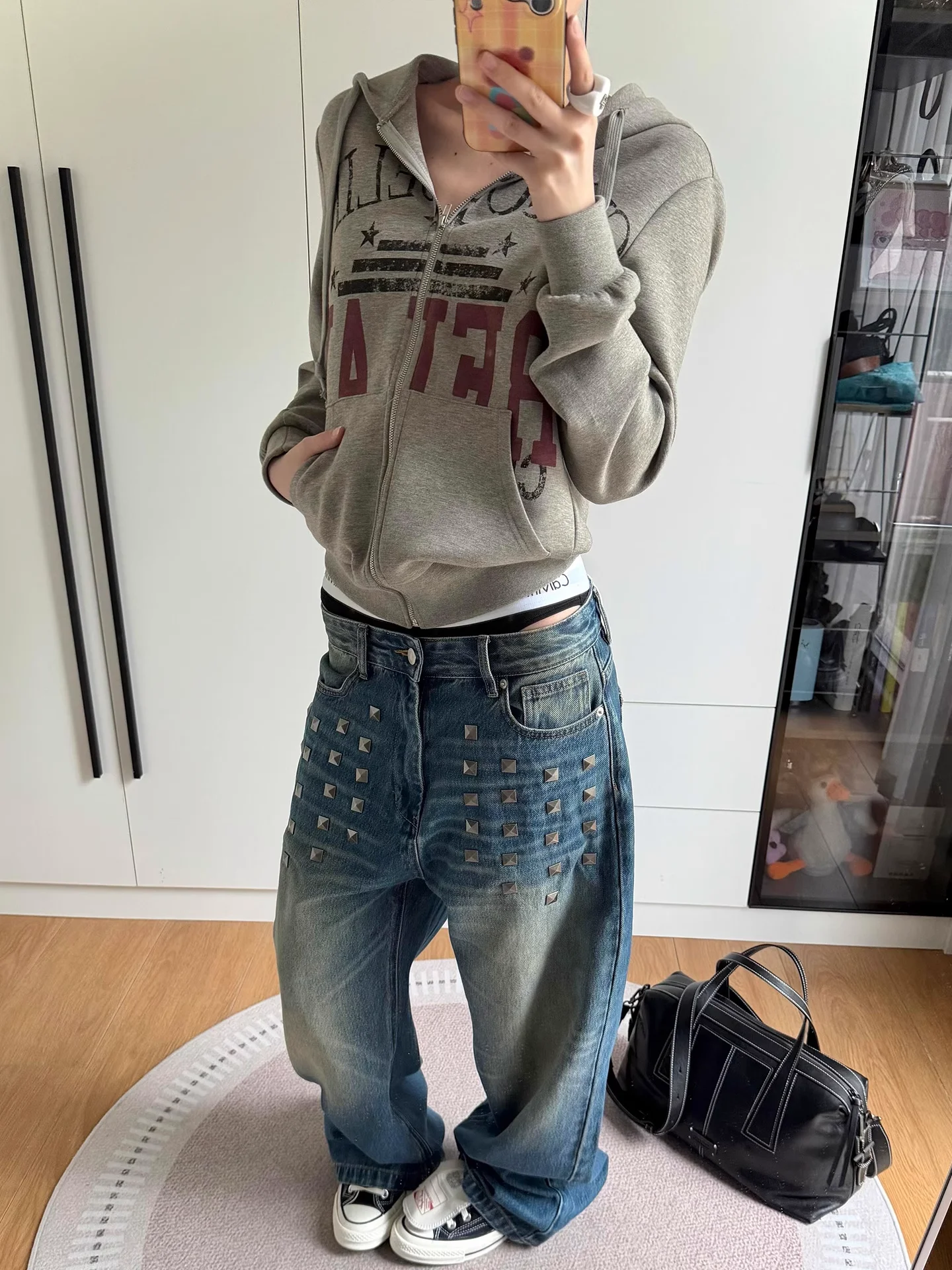 

Retro American Washed Square Rivet Straight Leg Jeans Unisex Vintage Mustache Casual Loose Fit Jeans Cotton Polyester Blend