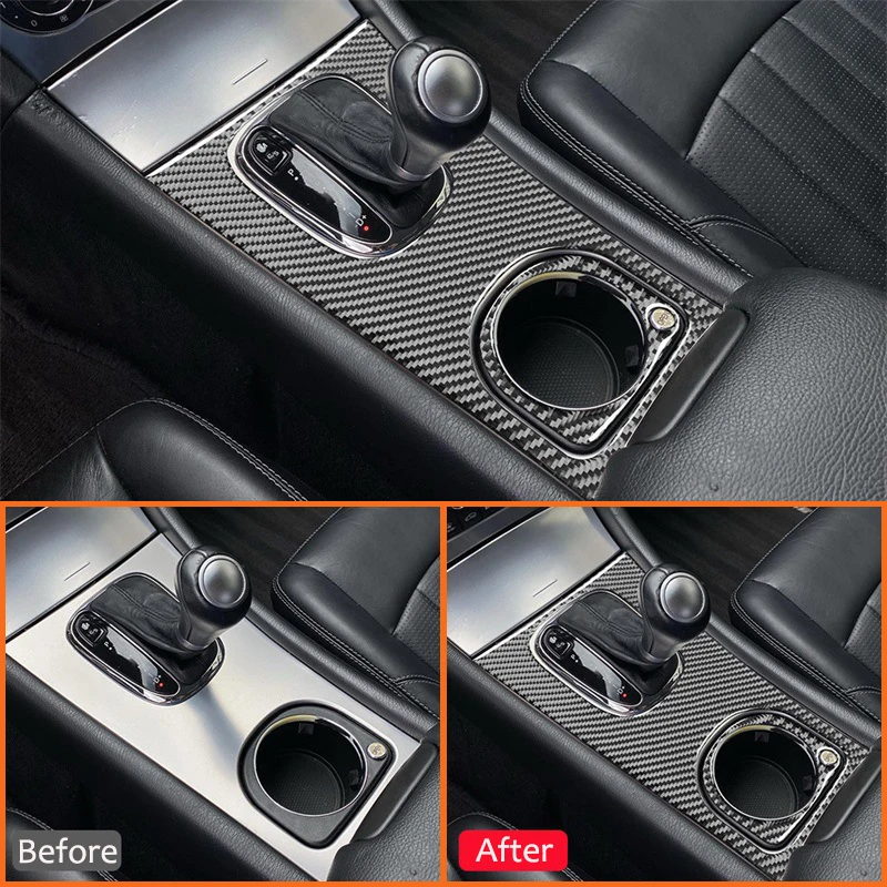 Carbon Fiber Car Central Console Gear Shifter Water Cup Holder Panel Decoration Sticker For Mercedes Benz C Class W203 2005-2007