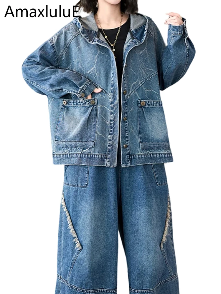 

Amax LuluE Females Hooded Denim 2 Pieces Sets Spring Fashion Suits Punk Vintage Jackets Loose Pants Classic Jeans Casual Outfits