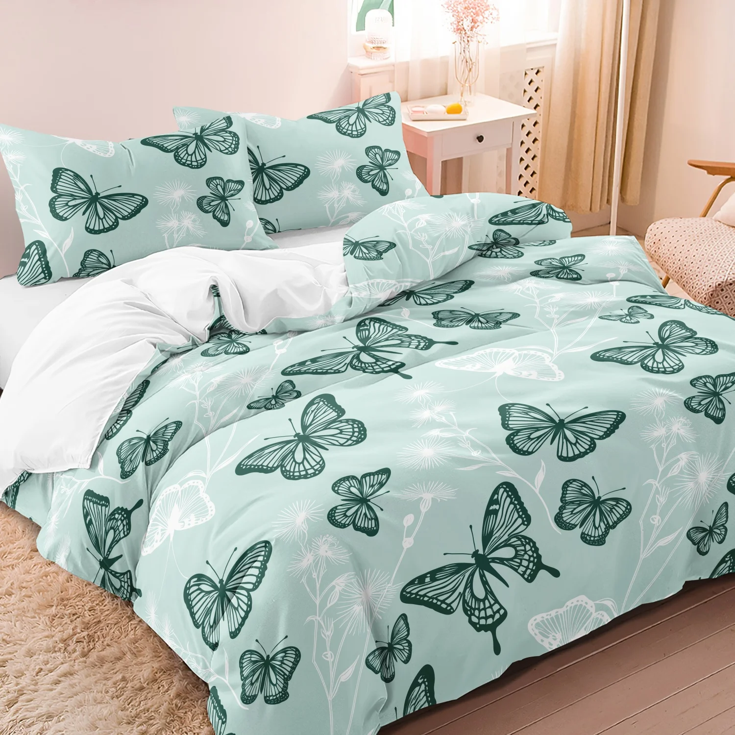 3 Pieces Fresh Pastel Mint Green Butterfly Duvet Cover Bedding Set, Outline Insect Botanical Twig Floral Print Bedding