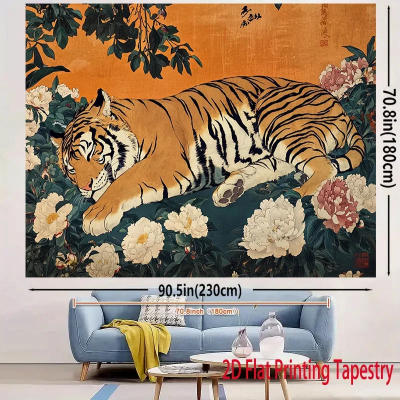 VIKAMA Sleeping Tiger Tapestry Floral Jungle Animal Wall Hanging Decor for Bedroom Living Room Dorm Nature Wildlife Art