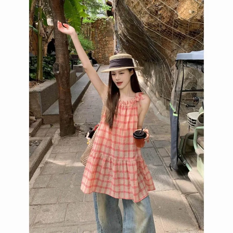Women Clothing Summer Casual Korean Fashion Plaid Contrasting Colors Female All-match Fashionable Ruffles Drawstring Casual Dres