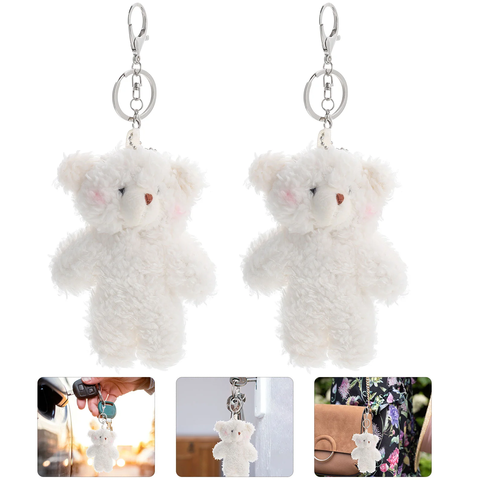 2 Pcs Kid Wallet Bear Keychain Fluffy Plush Ring for Women Bags Stuffed Animal Hanging Ornament White Rings Kawaii Child