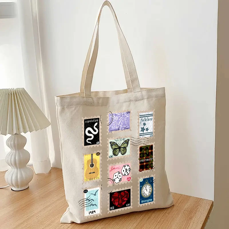 1 pc stamp midnight Pattern Beige Tote Bag Taylor the ear tours Tote Bag Book BagTS Merch Shopping Bag, Shoulder Bag Canvas Bag,