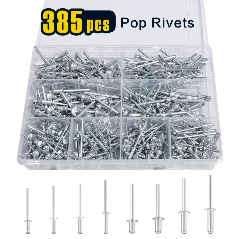 80/ 100/ 160/ 385pcs, Pop Rivets Assortment Kit, Aluminum Rivets Set in 8 Sizes, Blind Rivets for Metal with Organizer