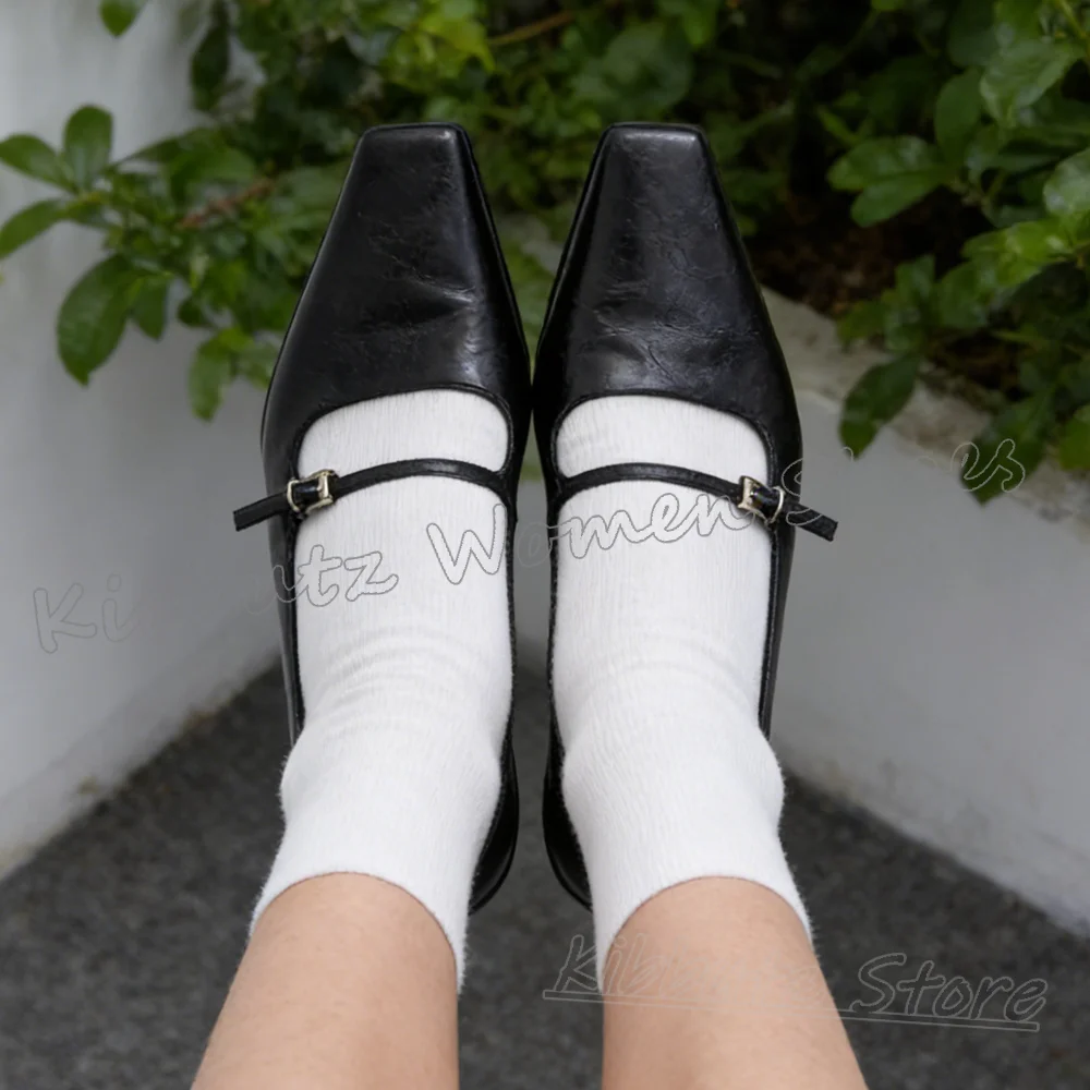 Mary Jane Pumps Belt Buckle Leather Square Toe Kitten Heels Solid Color Women Shoes Fashion Comfortable Sexy Elegant Novelty New view 2