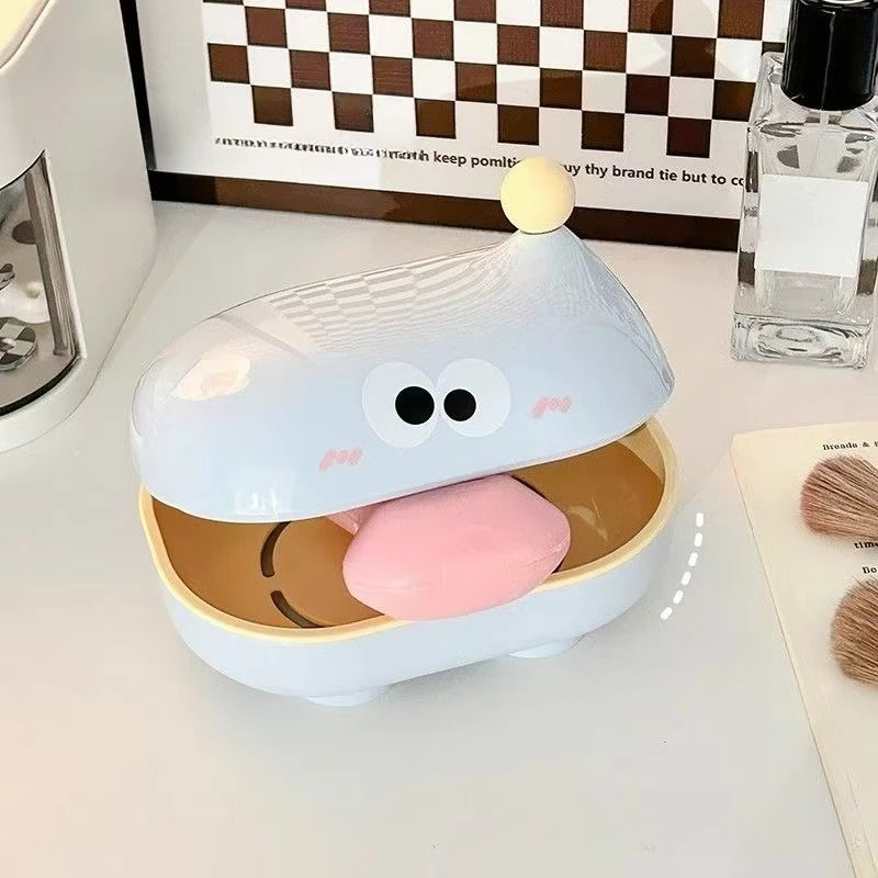 Flip-top Soap Box Big-eyed Cute Household Draining Soap Holder with Lid Cartoon Soap Box for Student Dormitorie Bathroom Storage