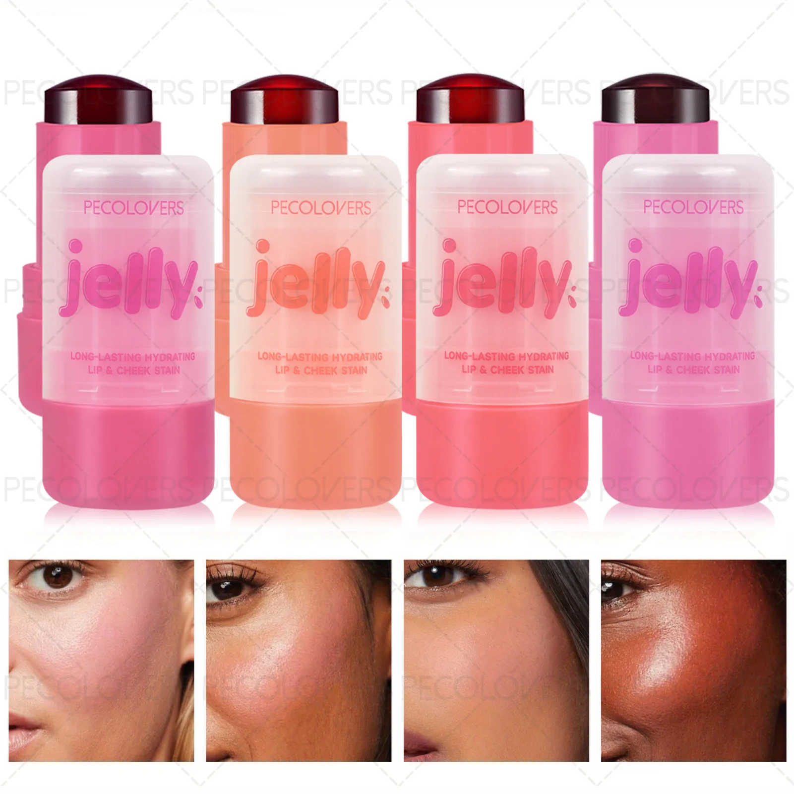 PECOLOVERS 3-in-1 Long-Lasting Waterproof Blush Stick - Jelly Texture, Fragrance-Free, Radiant Finish, Eyes & Cheeks
