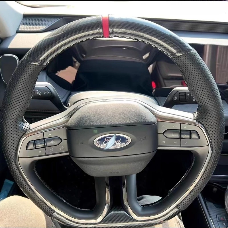 

100% for Ford Mondeo Fusion Evos 2022-2024 Hand Stitched non-slip black Genuine Leather carbon fiber Car Steering Wheel Cover