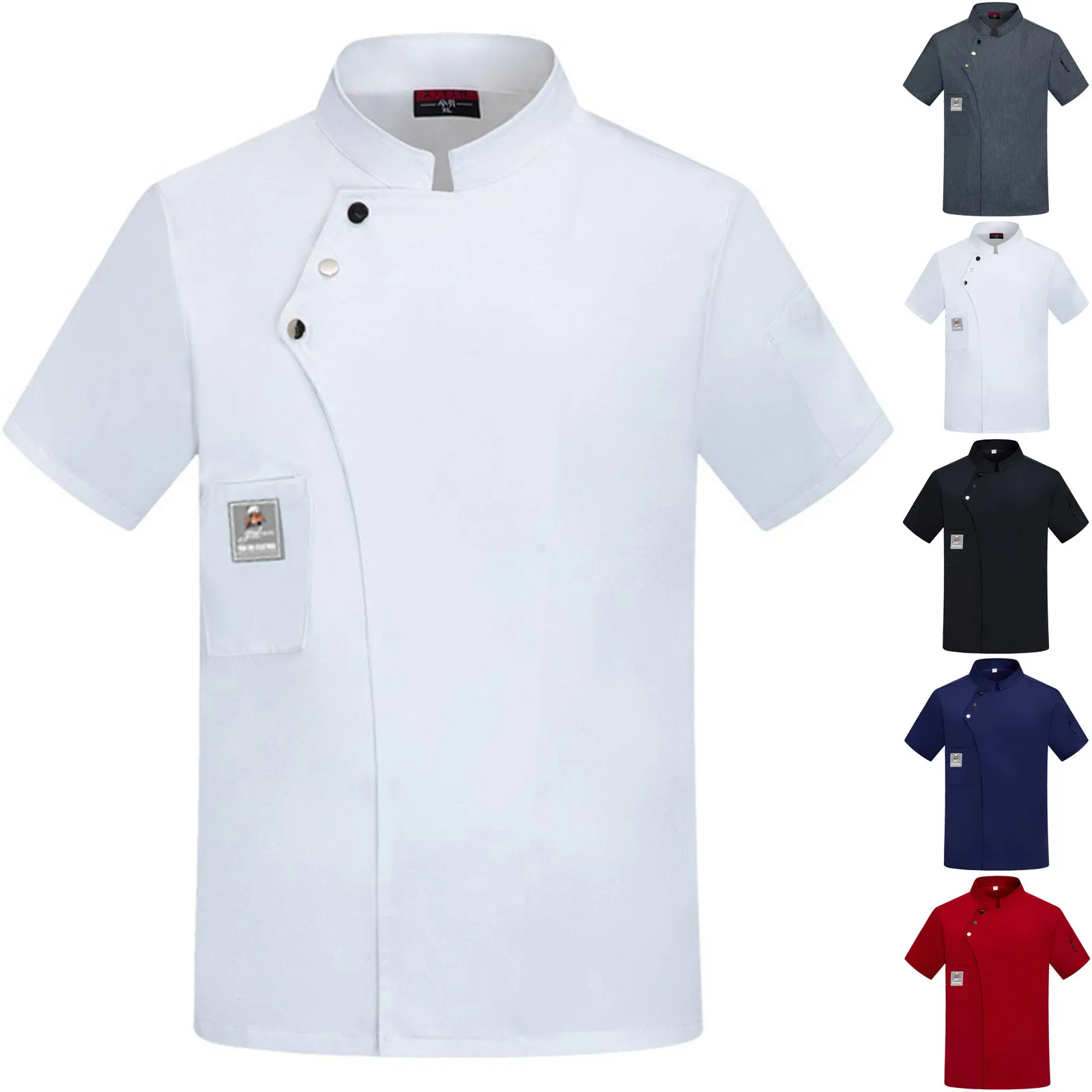 Uniforme da chef Manica corta Ristorante Chef Divise da lavoro da cucina Colletto rialzato solido Uniformi da servizio di ristorazione monopetto