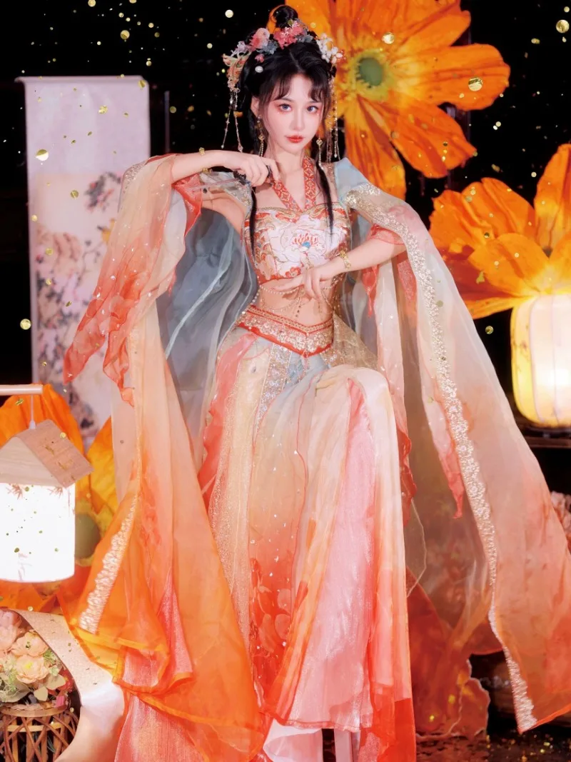 Traditional Hanfu Dress Cosplay Costume Chinese Ancient Flower Embroidery Princess Stage Dress Women Elegant Exotic Long Dress