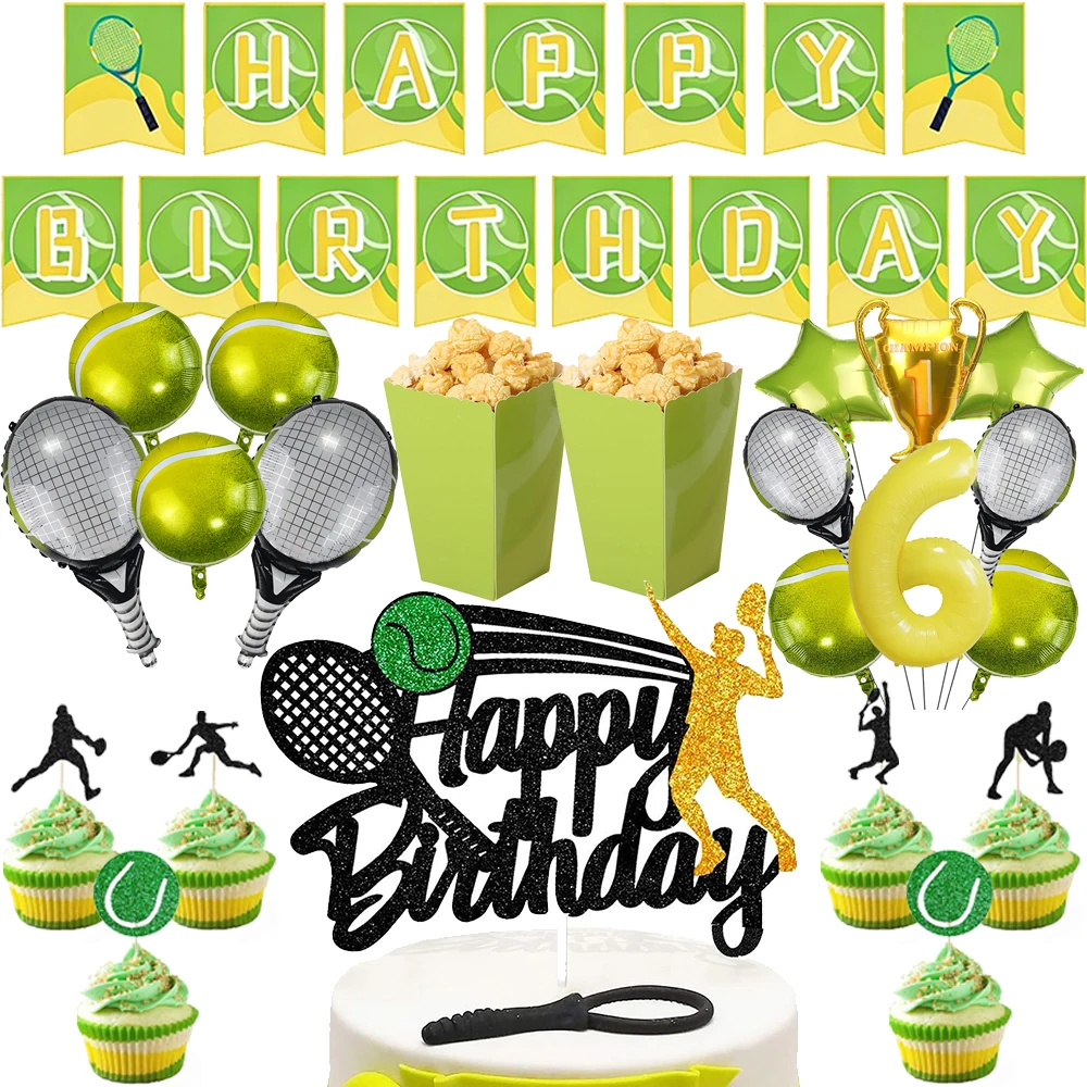 Tennis-Themen-Party-Zubehör Geburtstagsbanner Ballon Tennis-Popcorn-Box Cupcake-Topper Tennis-Sport-Geburtstagsparty-Dekorationen