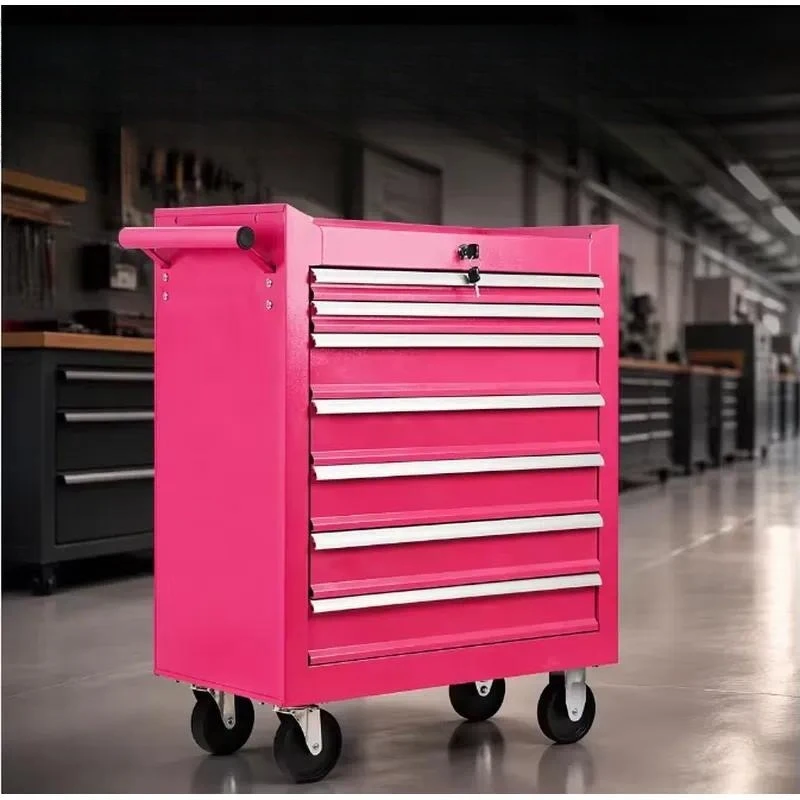 Mobile Metal Tool Cart 7 Drawers Wheeled Removable Lockable Steel Cabinet for Garage Workshop Storage Pink