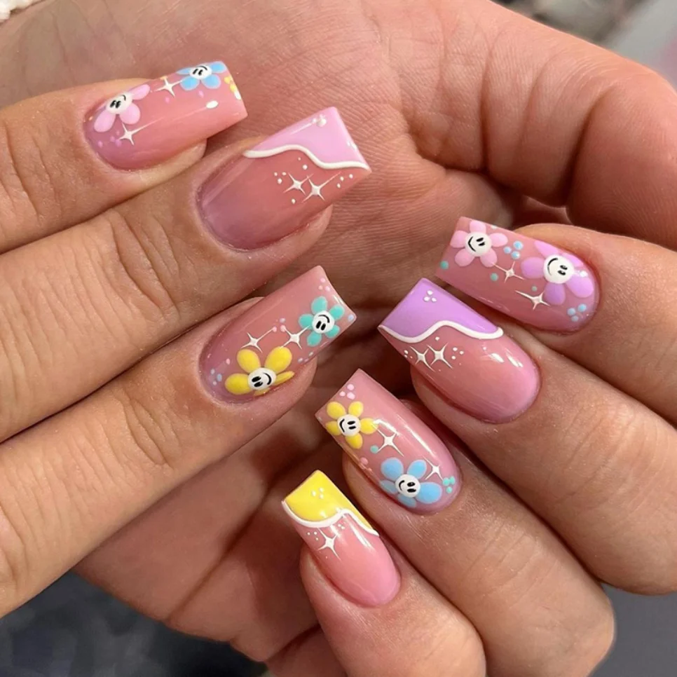 Uñas postizas de cabeza cuadrada para mujer, Uñas postizas de longitud media, diseño con patrón de mariposa, 24 piezas