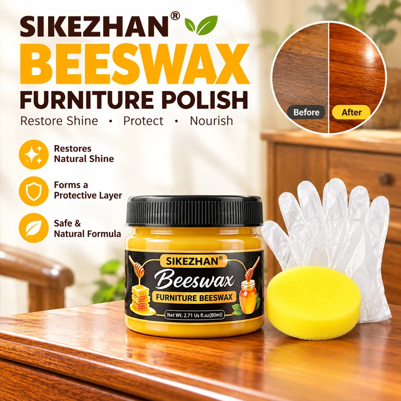 Wooden Furniture Beeswax Polish Seasoning Wax with Application Sponge Gloves for Cabinets Floors Tables Restorer 80ml - SIKEZHAN