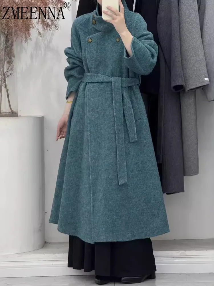 

ZMEENNA Womens Elegant Blue Wool Blend Long Coat Stand Collar Belted Waist Winter Outerwear Chic Maxi Length Overcoat ZM3434