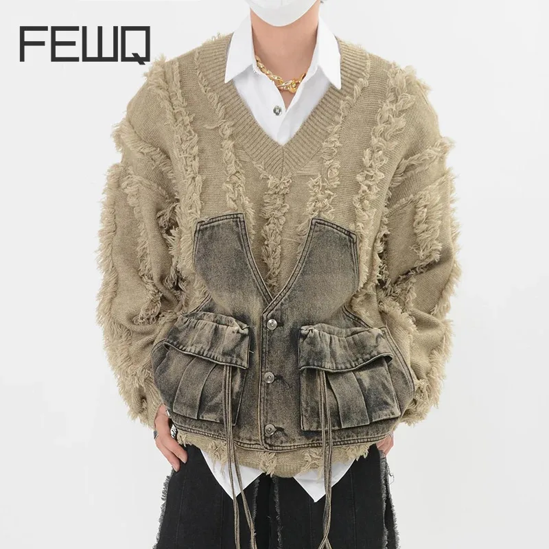 FEWQ Niche V-neck Knitted Men's Sweater Design Fake Two Piece Denim Vest Splicing Pullover 2024 Autumn Winter 24E6003