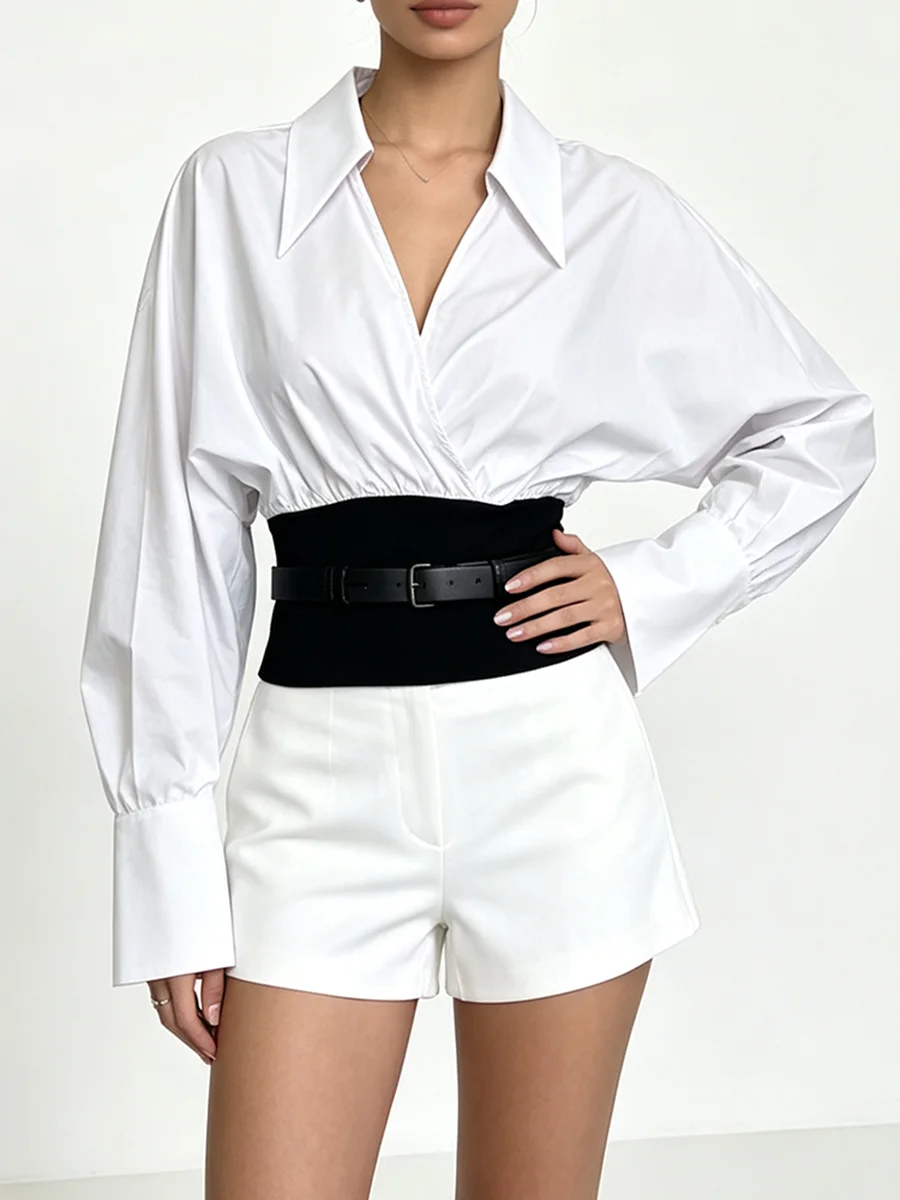 TWOTWINSTYLE Belt Spliced Sheer Slimming Casual Blouse for Women Lapel Collar Flare Long Sleeve Temperament Blouses Female Style