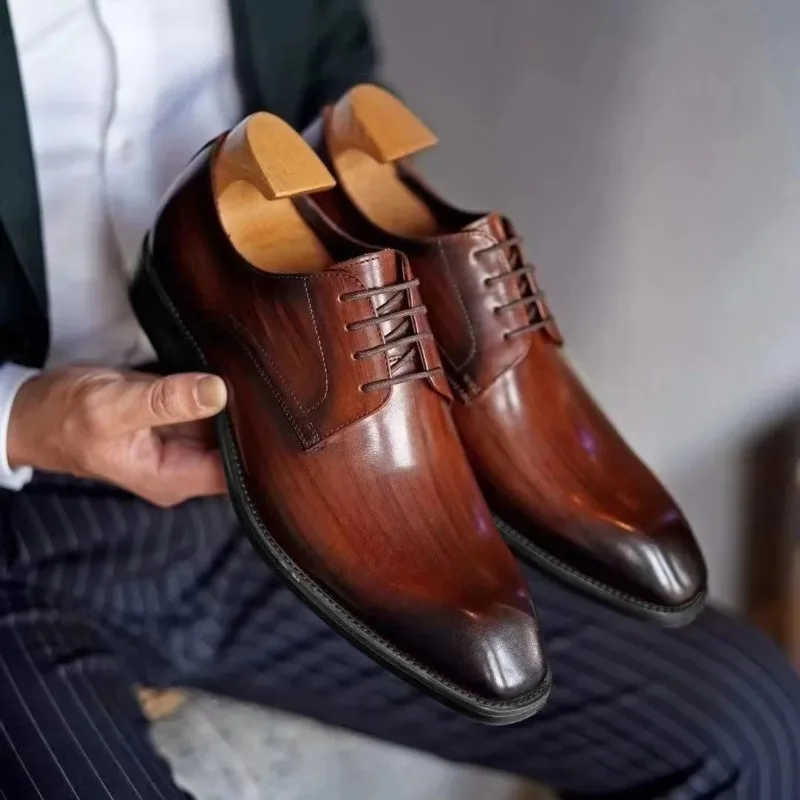 

High Quality Men Dress Shoes Business Casual Shoes Distressed Wood Grain Square Toe Leather Derby Shoes Office Formal Dress Shoe