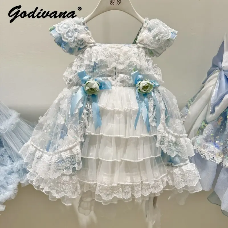 Baby Girls Sweet New Summer Suspender Lolita Princess Dress Kids Heavy Floral Tulle High Waist Birthday Cake Dress with Train