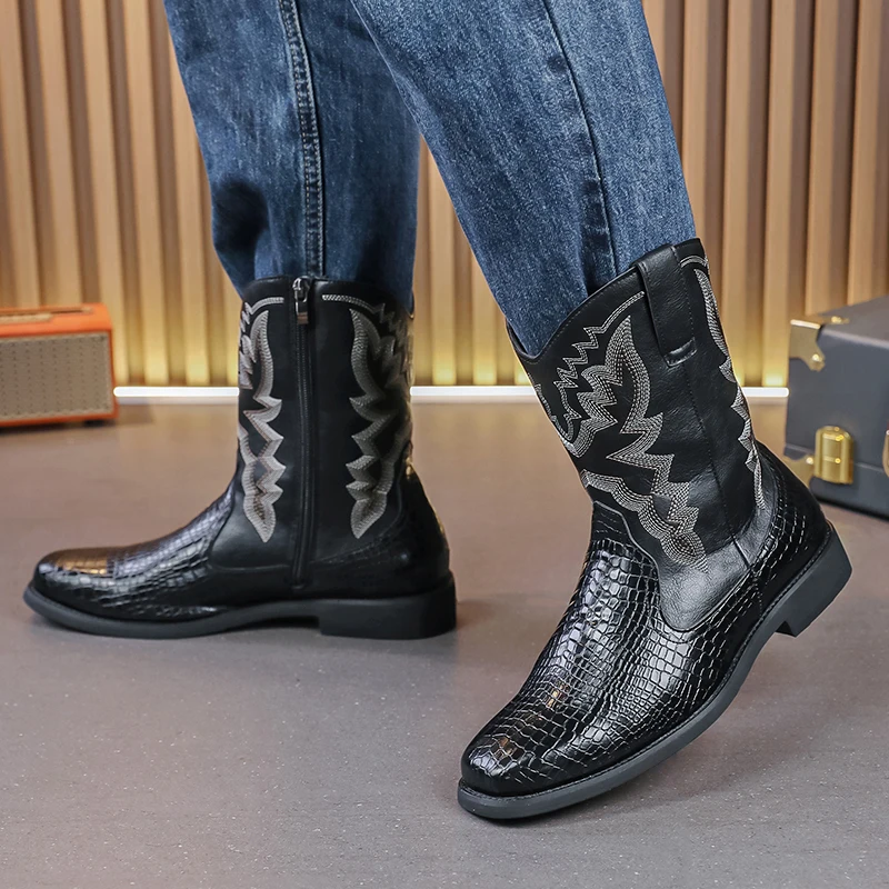 Autumn and Winter New Men High Top Western Cowboy Boots PU Square Head Burnt Flower Embroidered Side Zipper Fashion Men Boots
