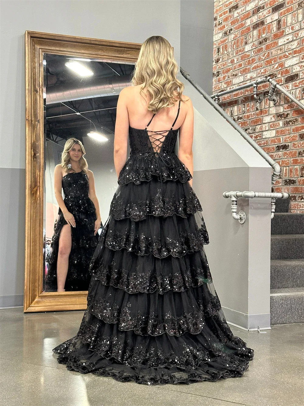 Tulle One-Shoulder Tiered Ruffle Sequin Prom Dresses Lace Appliques Sparkly Corset Formal Evening Dress A Line Long Ball Gowns