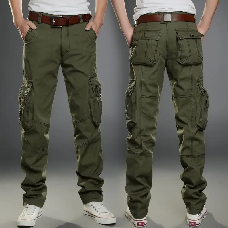 กางเกงคาร์โก้ผู้ชายคุณภาพสูง หลายกระเป๋า สีพื้น สำหรับทำงาน ลำลอง กิจกรรมกลางแจ้ง สีเขียว ทรงเข้ารูป ไซส์ใหญ่ 40