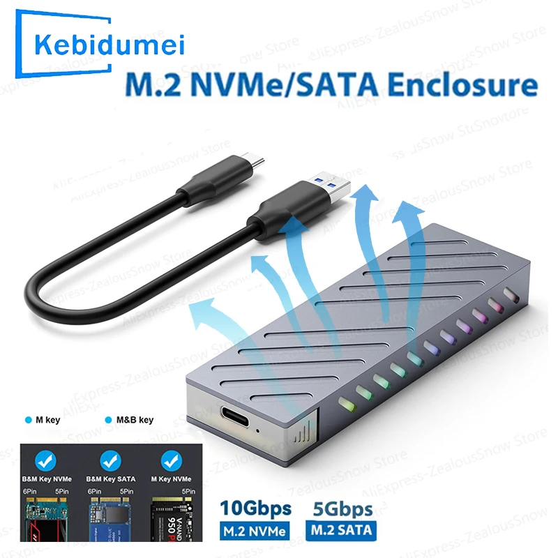 M.2 SSD Case 10Gbps M.2 SATA/NVMe Dual Protocol SSD Adapter SSD To USB 3.1 External Enclosure for NVME PCIE NGFF SATA RGB Box