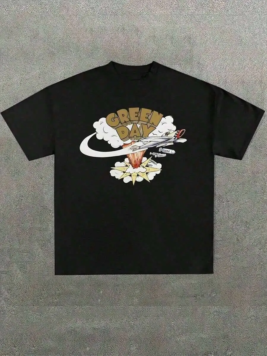 Black T-Shirt With _And Airplane Explosion Rock-Themed Print,Casual Print,Comfortable And Versatile,Pure 200G Printed 100%