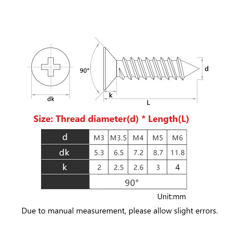 Countersunk head tapping screws M3-M6 304 Stainless steel 500-hour salt spray passivation Cross recessed Flat Wood Screw YB846