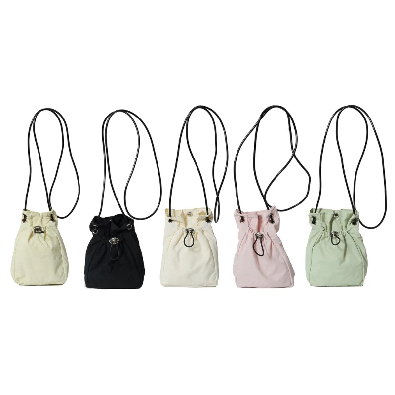 Fashionable Water Resistant Simple Shoulder Phone Bag for Men Women Solid Color Pleated Drawstring Crossbody Purse