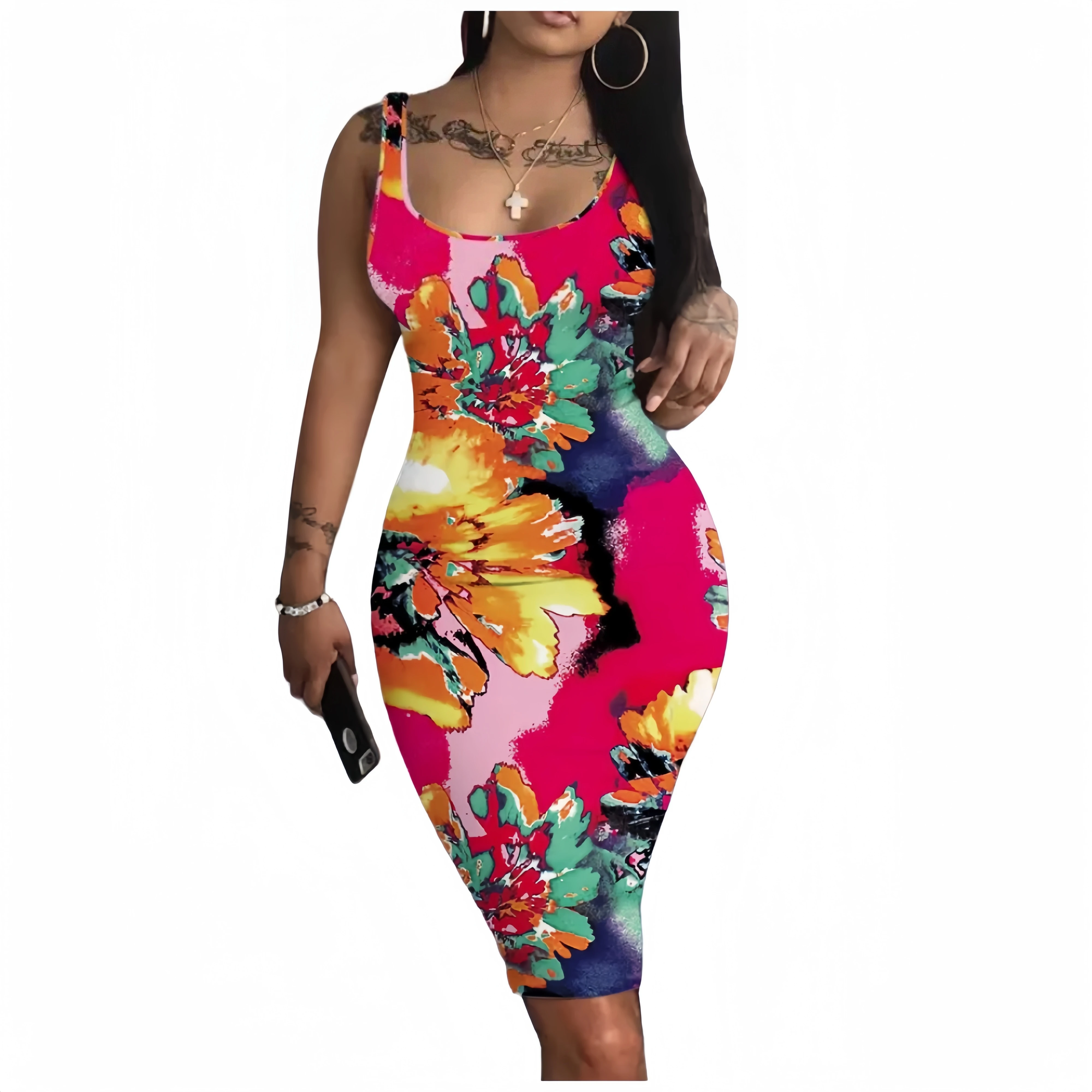 Sexy Ladies Gorgeous Floral Print Crew Neck Sleeveless Sheath Dress Party Girls Casual Dress