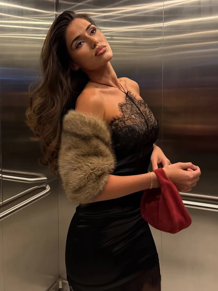 

Women's Halter Lace Dress, Patchwork Sleeveless Backless Sheath Dress, Sexy Club Party Fitness Bodycon Outfit