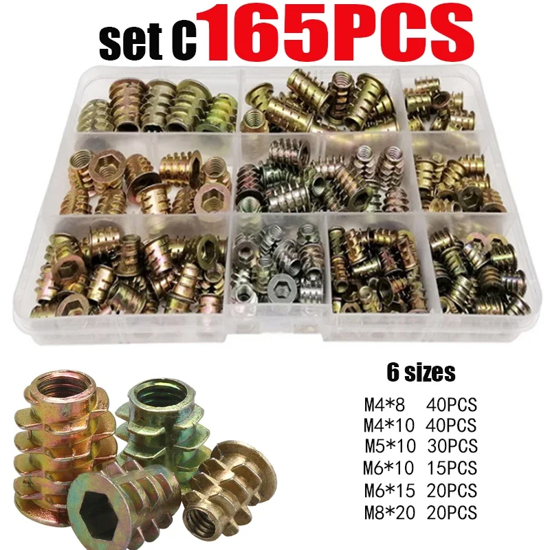 165PCS Threaded Inserts Nuts M4/M5/M6/M8 Furniture Screw in Nut Wood Inserts Metric Bolt Fastener Hex Socket Drive for Wood