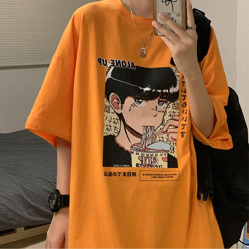 

Оранжевая мужская футболка оверсайз с круглым вырезом и принтом в стиле аниме, повседневная, свободного кроя, для пар, из хлопка