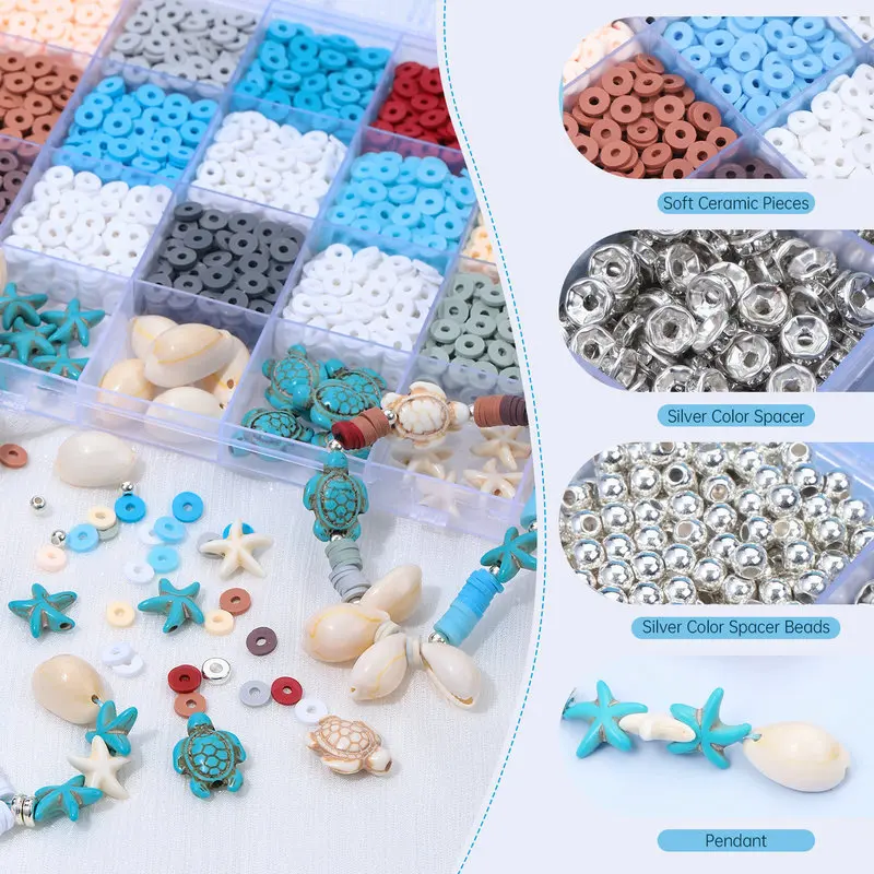 2000pcs Ocean Breeze Jewelry Making Kit Polymer Clay Beads Summer Themed Friendship Bracelets Making Kit for DIY Craft Supplies