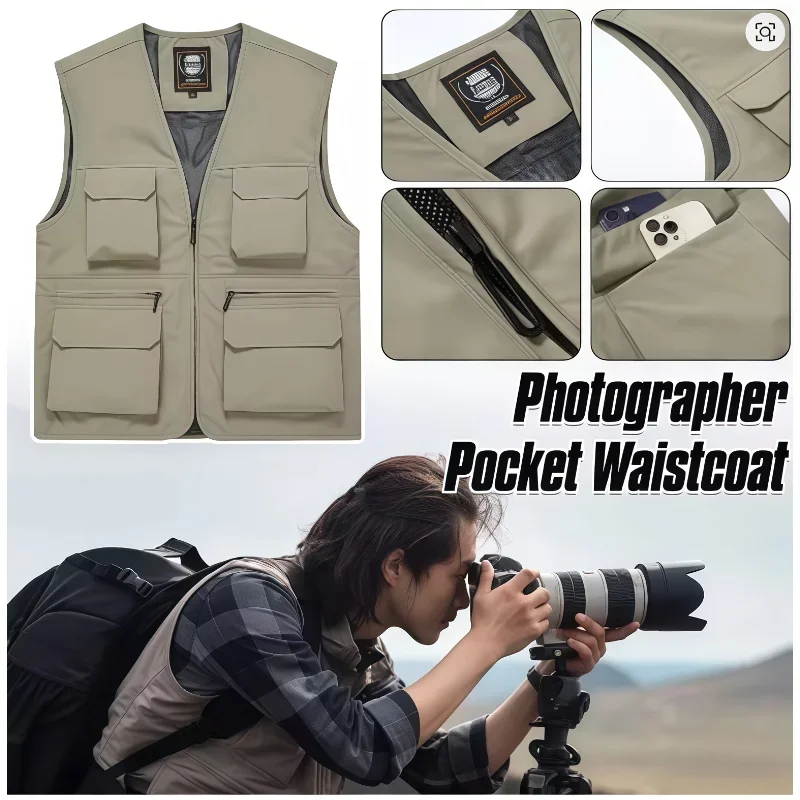 Men's Photographer Pockets Waistcoat Outdoor Vest Solid Color Tooling Sleeveless Jacket Multi-Pocket Casual Loose Vests for Men