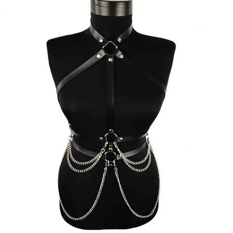 Black Leather Women Tassel Body Chains Bundle Adjustable Fashion Suspender Clothing Accessories Summer Beach Party Bar Cosplay