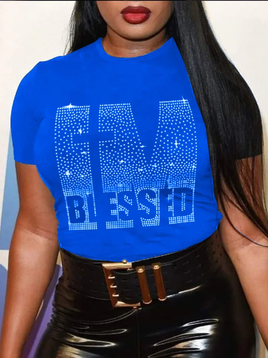 Summer Women's Top Rhinestone Round Neck T-shirt