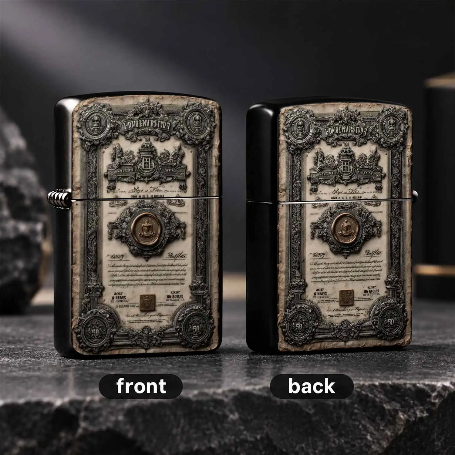 Vintage Ornate Engraved Collector Lighter Suitable For Daily Commute Outdoor Travel And All Scenarios Exquisite Embossed Emblem Decorated With Retro Wax Seal Mark Durable Portable Practical Perfect For Personal Use And Gifting To Show Disti