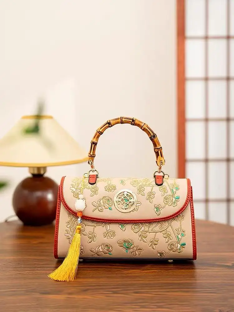 Large Capacity Fashion Bamboo Handle Women Handbag High Quality Embroidery Floral Square Bag Lady Purse Shoulder Crossbody Bag