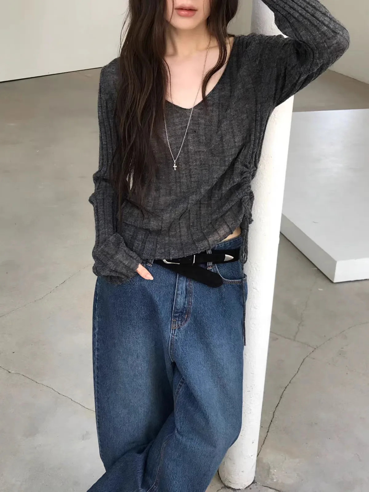MOSA Korean Style V-Neck Slim Fit Drawstring Thin Knitwear Long Sleeve Striped Top Cotton Moisture Wicking Ladies T-Shirt