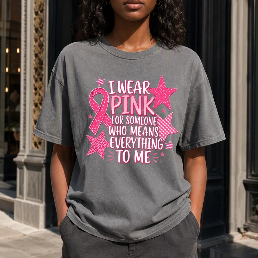 I Wear Pink for Someone Breast Cancer Tee Women Pink Ribbon Stars Short Sleeve Cotton Shirt Awareness Gift for Her Women Clothes