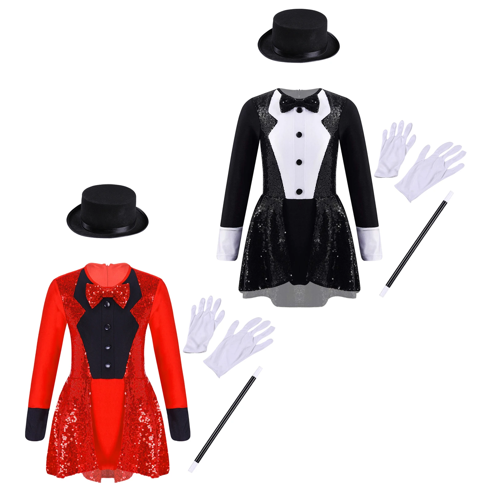 Kids Magician Cosplay Dress Up Circus Costume Sequin Leotard with Hat Magic Wand Gloves Set Halloween Party Carnival Outfit