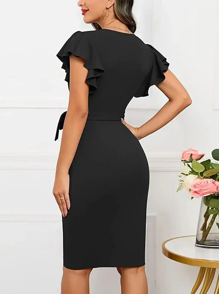 Bodycon Sexy Summer Dress Cocktail Faux Wrap Deep V Neck Ruffle Sleeve Ruched Party Work Formal Wedding Dresses for Women