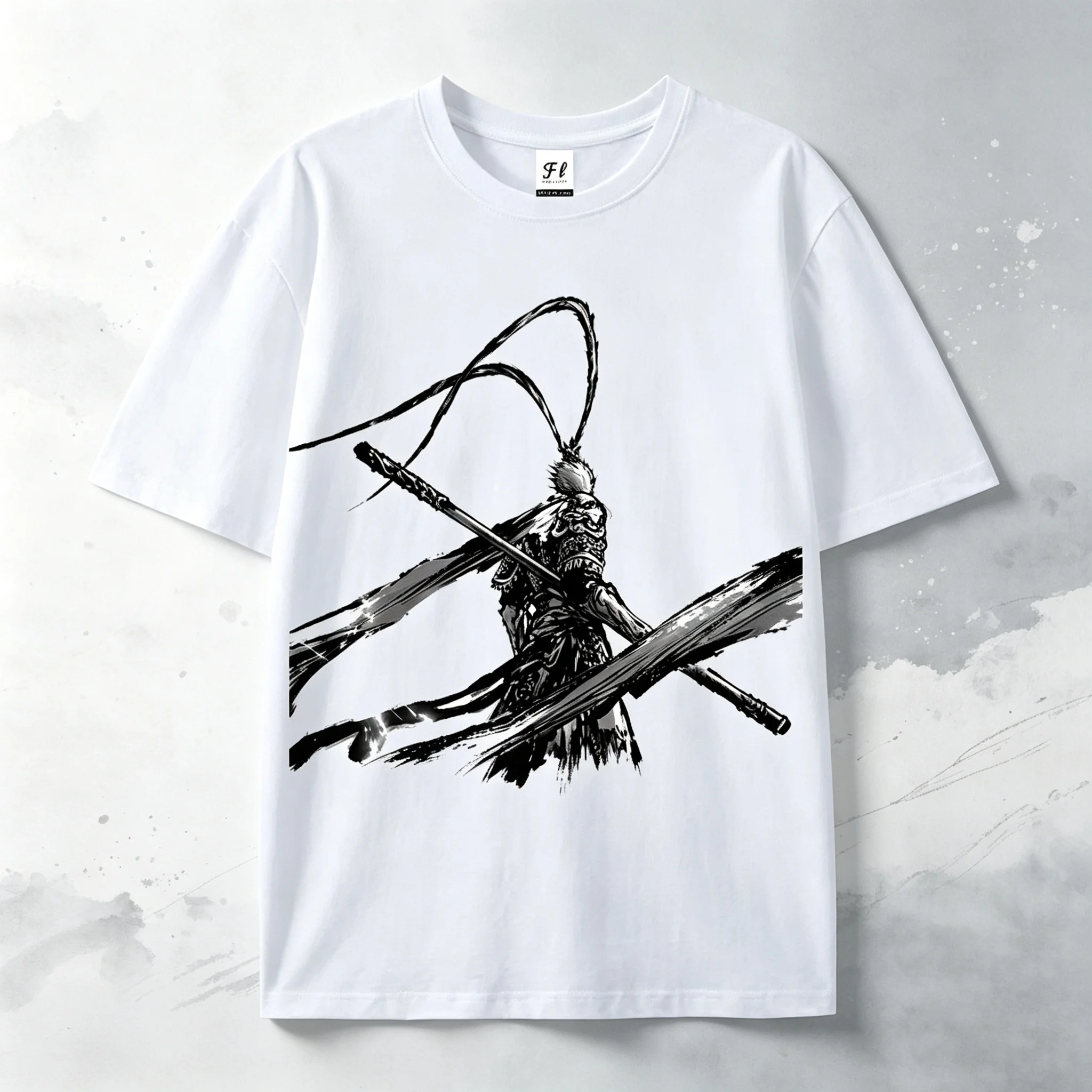 Black and White Ink Warrior Print Short‑Sleeve T‑Shirt, Chinese Style Trendy White Loose Crew Neck Casual Top