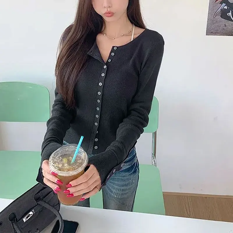 Autumn Solid Color Knitted Cardigan Slim Casual O-Neck Women's Clothing Aura Slim Single-breasted Basic Long Sleeve Sweaters - Image 2