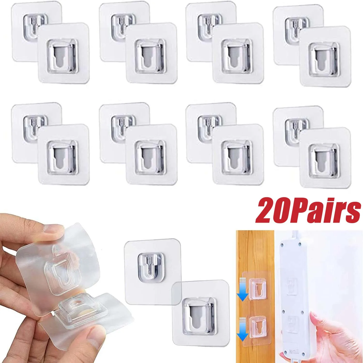 

20 Pairs Double Sided Self-Adhesive Wall Hooks Punched Free Magic Hooks Transparent Seamless Adhesive Hooks for Bathroom Kitchen