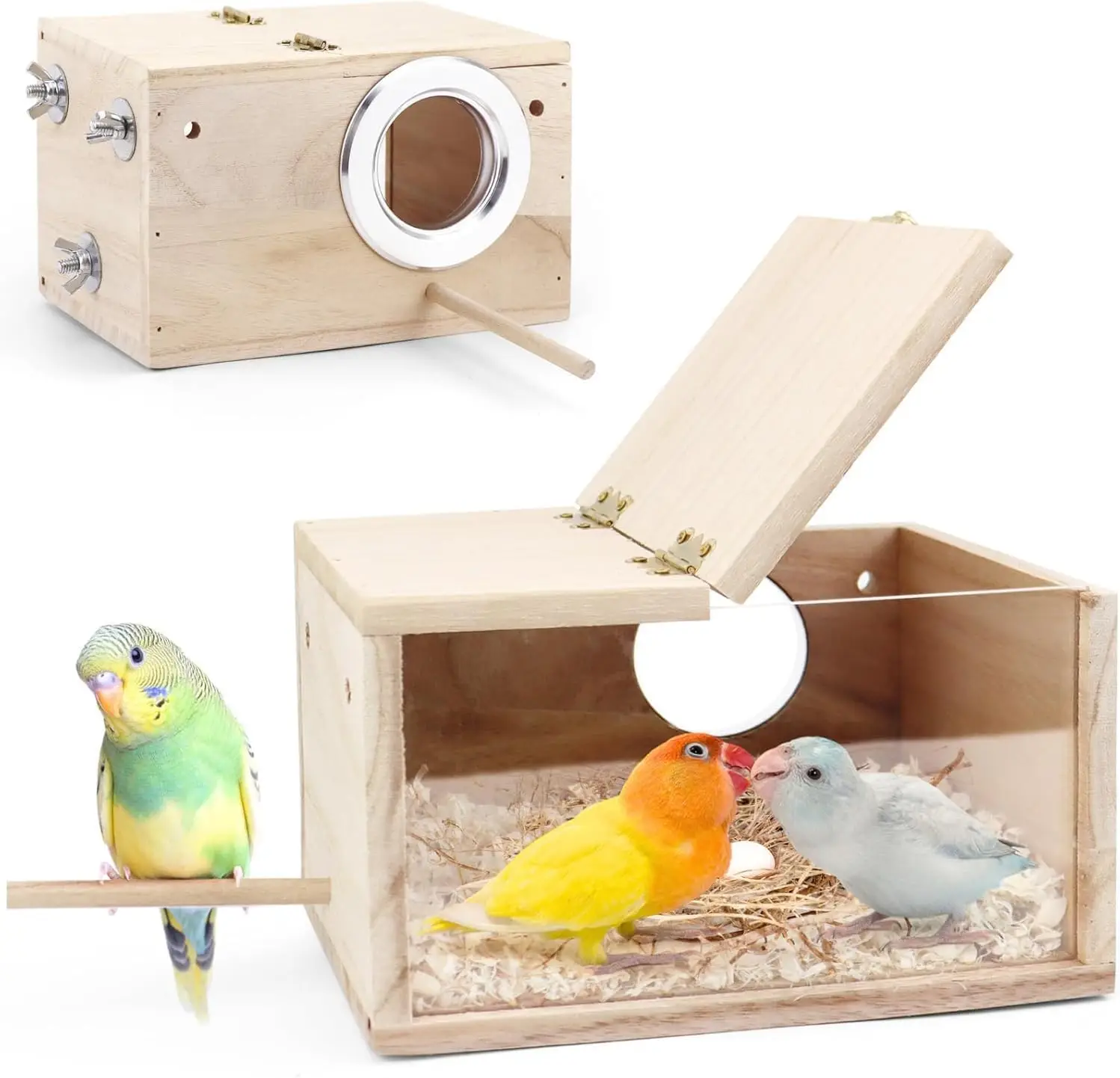Bird Cage Nesting Box: Visual Wooden Breeding House with Perch, Ideal for Lovebirds, Cockatiel, Budgie, Finch, Parrot